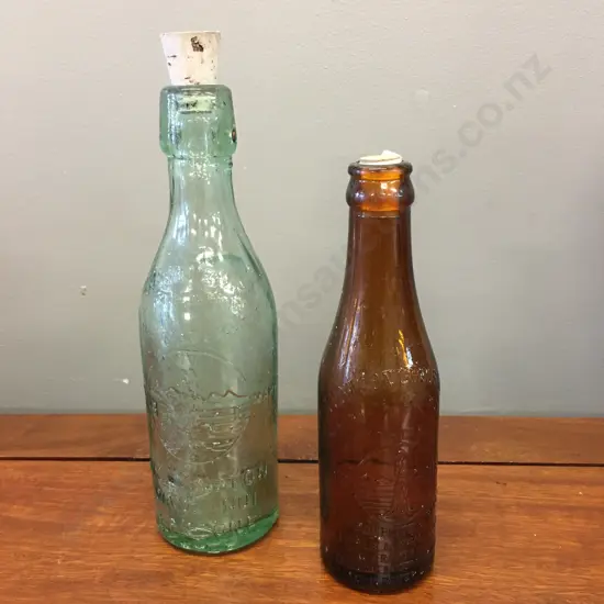 Thomson Lewis & Co Crystal Springs Wellington Wanganui & Petone Glass Bottles Amber Has 1939 On Base, Aqua Has 3169